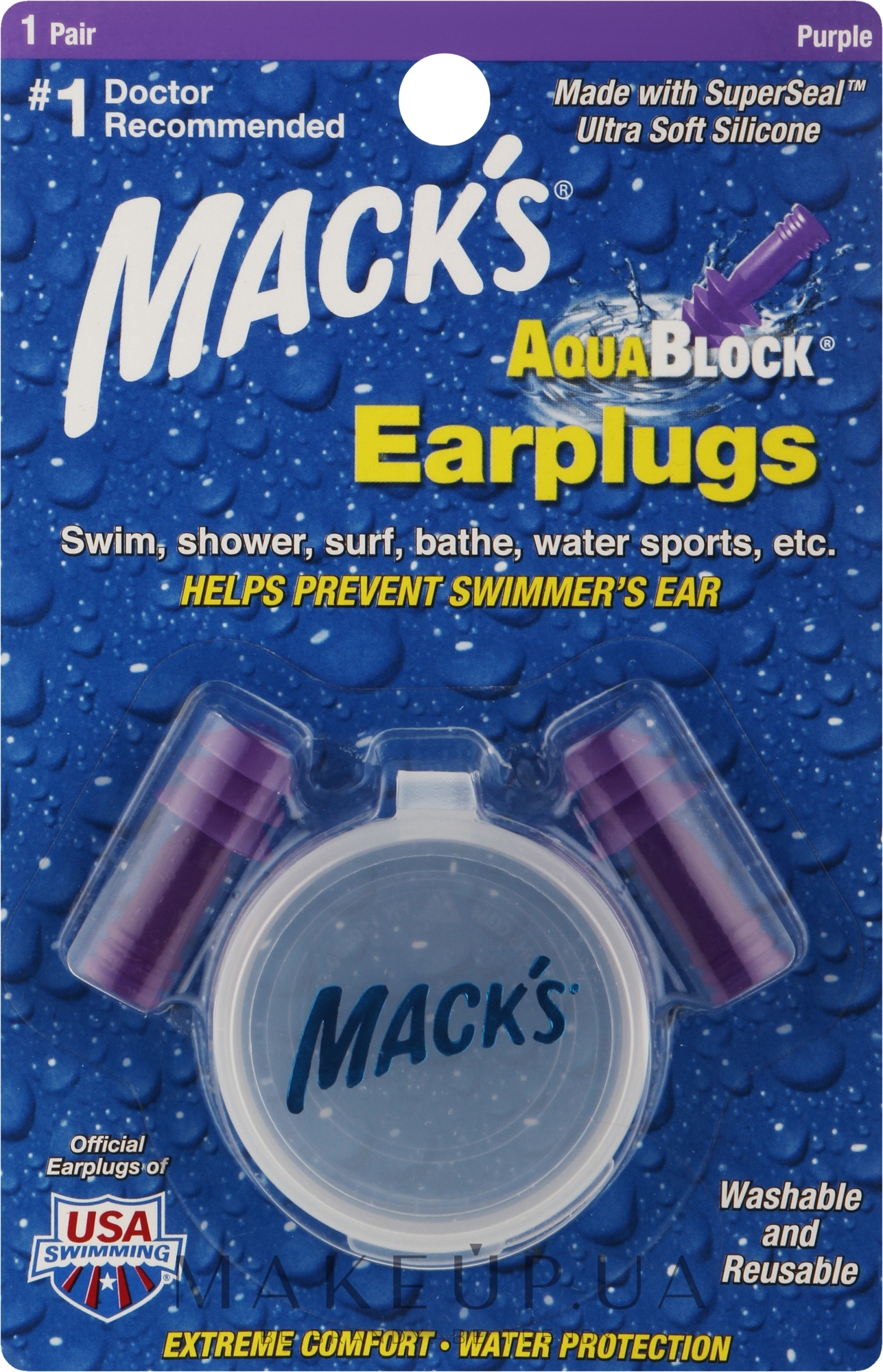 Беруши мягкие #1112, защита от воды, фиолетовые - Mack's AquaBlock Earplugs — фото 2шт