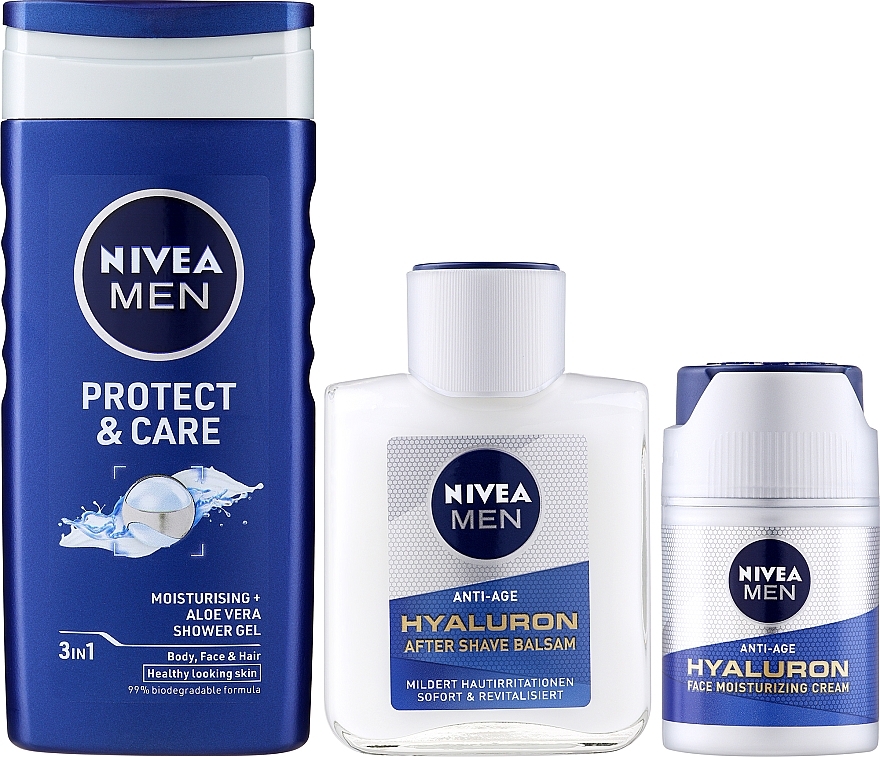 Набор - NIVEA MEN Hyaluronic Anti-Age Essentials Kit (sh/gel/250ml + ash/balm/100ml + cr/50ml + pouch) — фото N3