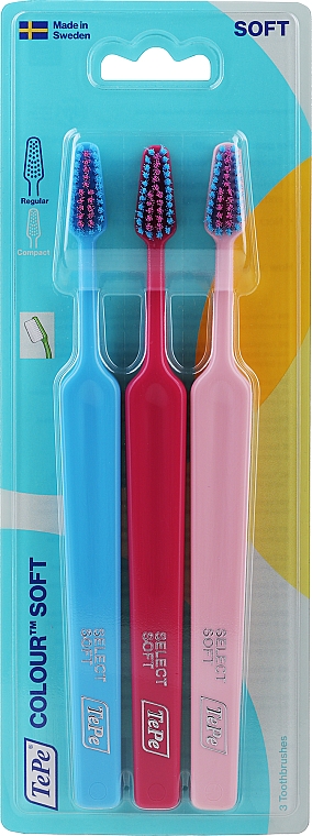 Набор зубных щеток, 3 шт., голубая + малиновая + розовая - TePe Colour Soft — фото N1