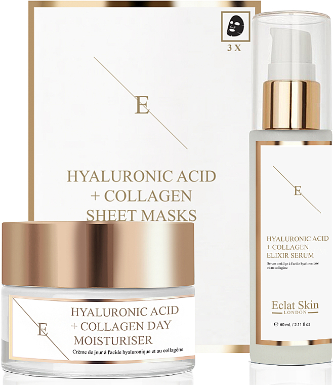 Набір - Eclat Skin London Hyaluronic Acid & Collagen (f/cream/50ml + f/ser/60ml + f/mask/3pcs) — фото N1