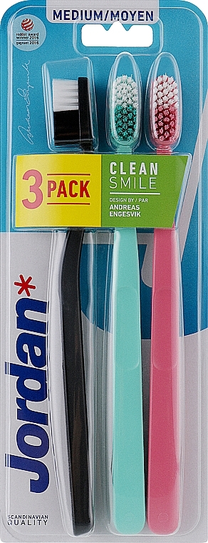 Зубна щітка середня, 3 шт, рожева, бірюзова, чорна - Jordan Clean Smile Medium — фото N1