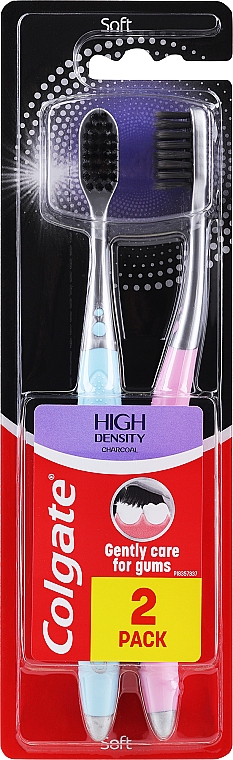 Зубная щетка Высокая плотность щетинок, черный уголь, 1+1, мягкая, бирюзова+розовая - Colgate High Density — фото N1