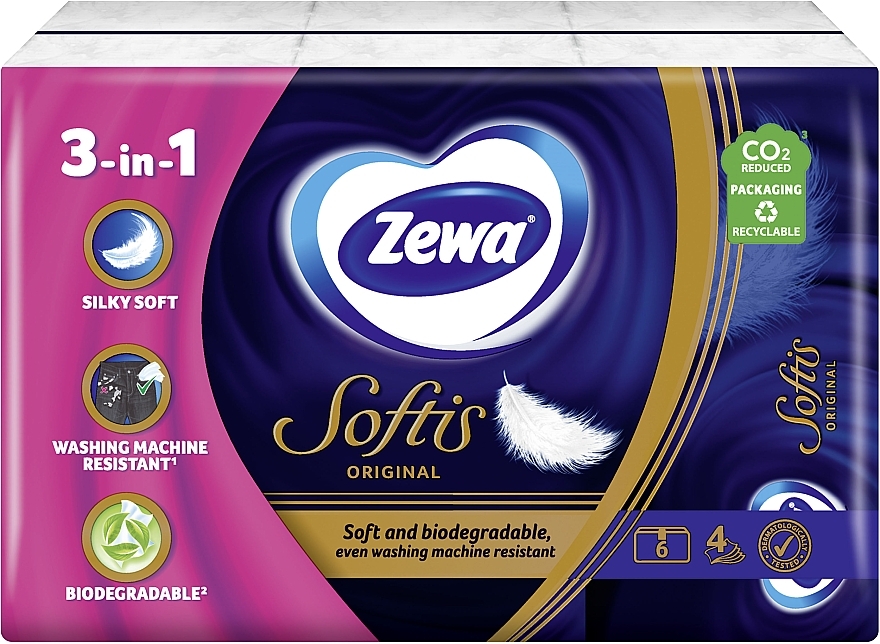 Носовые платки бумажные без аромата, четырехслойные, 6 упаковок по 9 шт - Zewa Softis — фото N2