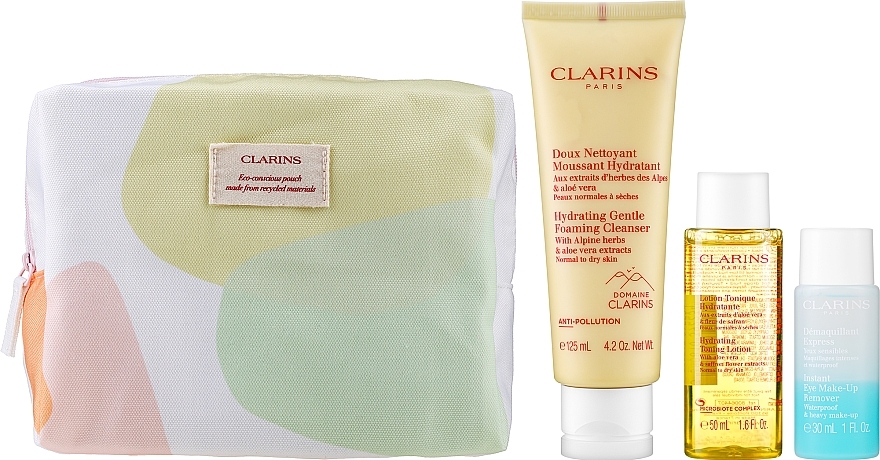 Набір для нормальної та сухої шкіри - Clarins La Routine Moisturizing Cleansing Box (f cl/cr/125ml + makeup remover/30ml + bag/1pc + f/ton/50ml) — фото N2