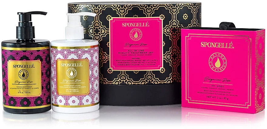 Набор - Spongelle Bulgarian Rose All In One Beauty Treatment Set (sh/gel/325 ml + lot/325 ml + sponge/1 pcs) — фото N1