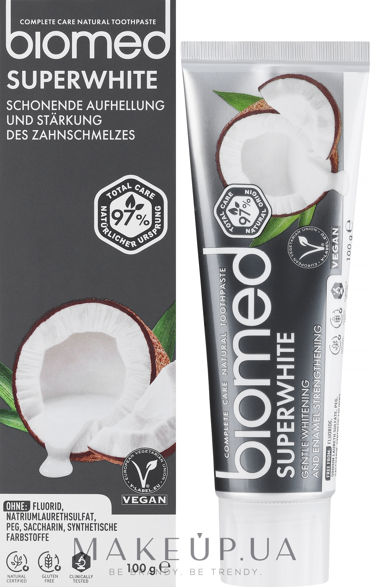 Антибактеріальна відбілююча зубна паста для чутливої емалі "Кокос" - Biomed Superwhite — фото 100g