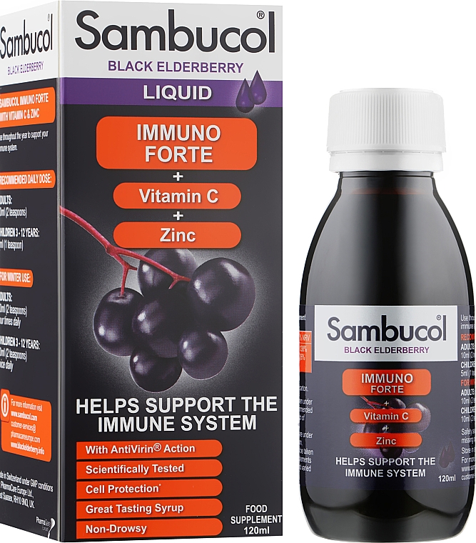 Сироп для иммунитета "Черная бузина + Витамин С + Цинк" - Sambucol Immuno Forte Liquid — фото N2
