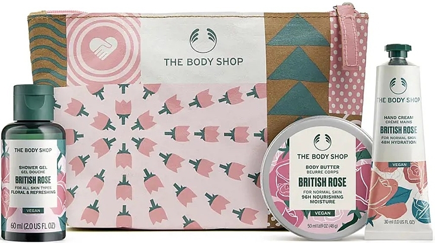 Набір - The Body Shop Bloom & Glow British Rose Mini Gift (sh/gel/60ml + h/cr/30ml + b/butter/50ml + bag) — фото N1