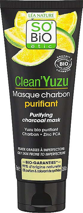 Очищувальна вугільна маска для обличчя - So'Bio Etic Clean'Yuzu Purifying Charcoal Mask — фото N1