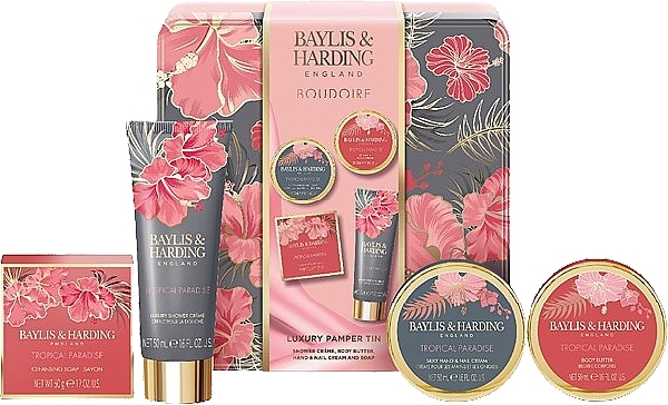 Набір - Baylis & Harding Boudoire Tropical Paradise Luxury Pamper Tin Gift Set (sh/cr/50ml + b/butter/50ml + soap/50g + cr/50ml) — фото N1