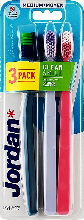 Зубні щітки, середньої жорсткості, темно-синя + бузкова + рожева - Jordan Clean Smile Medium — фото N1