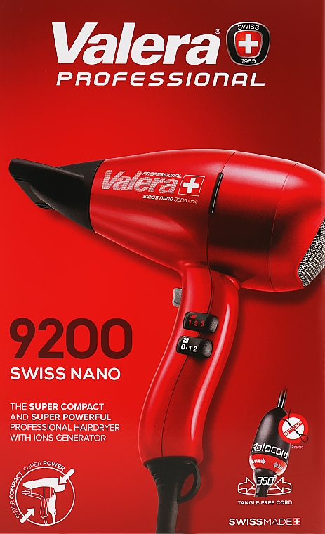 Профессиональный фен для волос SN9200YRC, красный - Valera Swiss Nano 9200 Ionic Rotocord — фото N3