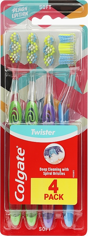 Набор мягких зубных щеток, 4 шт., салатовая+салатовая+сиреневая+голубая - Colgate Twister Design Edition Soft Toothbrush — фото N1