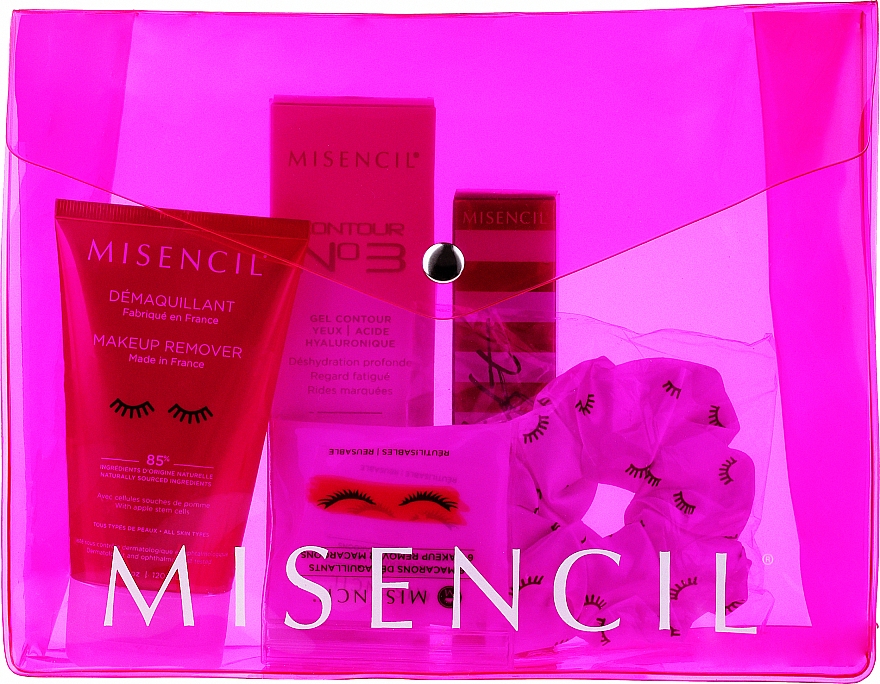 Набор - Misencil Summer Pouch 2021 Limited Edition (makeup remover/120ml + remover pads/6pcs + mascara/10ml + eye/gel/10ml + bag + scrunchy/1pc) — фото N1