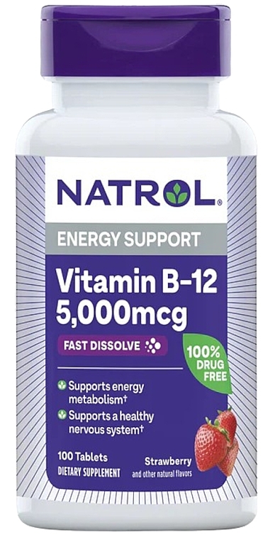 Витамин B12 со вкусом клубники, 5 000 мкг - Natrol Vitamin B-12 5 000 Mcg  — фото N1