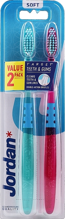 Зубная щетка мягкая, розовая + зеленая - Jordan Target Teeth Toothbrush  — фото N1