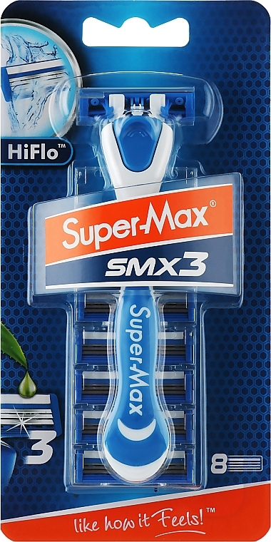 Мужской станок для бритья + 8 картриджей - Super-Max HiFlo SMX 3 Blade Shaving System — фото N1