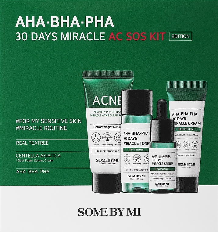 ПОДАРОК! Набор миниатюр для проблемной кожи - Some By Mi Aha-Bha-Pha 30 Days Miracle Ac Sos Kit (f/foam/30ml + f/toner/30ml + f/ser/10ml + f/cr/20ml) — фото N1