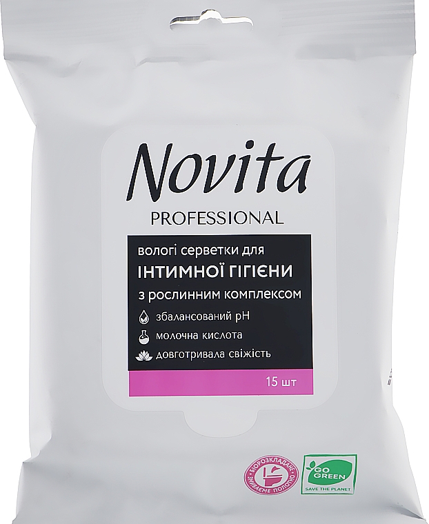 Влажные салфетки для интимной гигиены с растительным комплексом, 15 шт. - Novita — фото N1