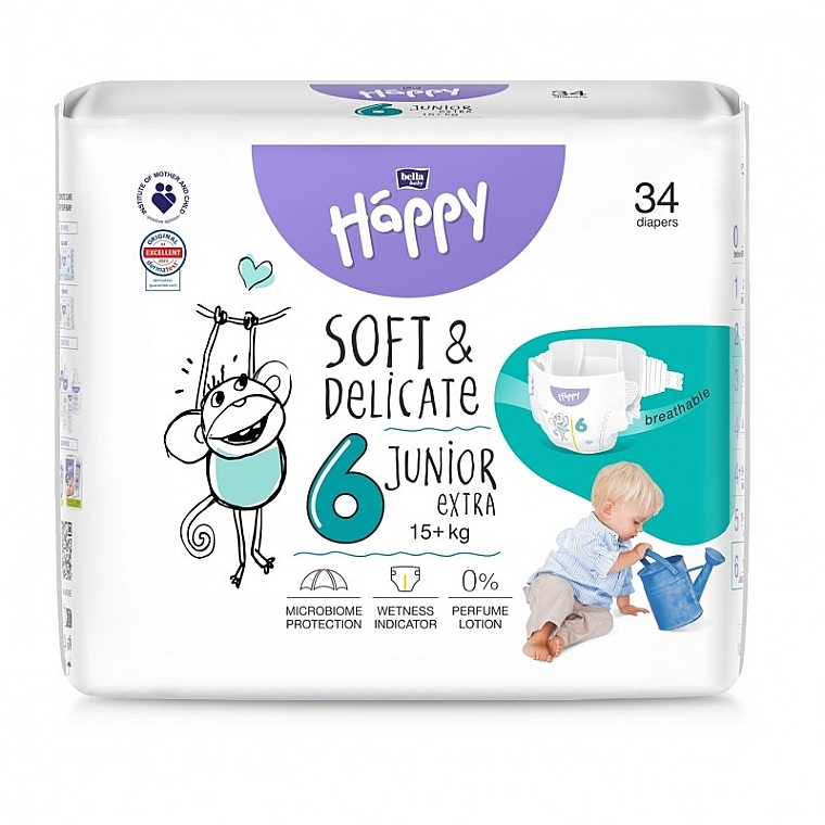 Детские подгузники 15+ кг, размер 6 Junior Extra, 34 шт - Bella Baby Happy Soft & Delicate — фото N1