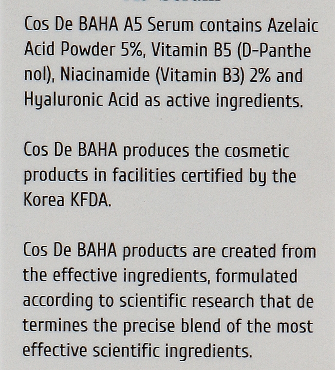 Сироватка для обличчя з азелаїновою кислотою 5% - Cos De Baha A5 Azlaic Acid 5% Serum — фото N3