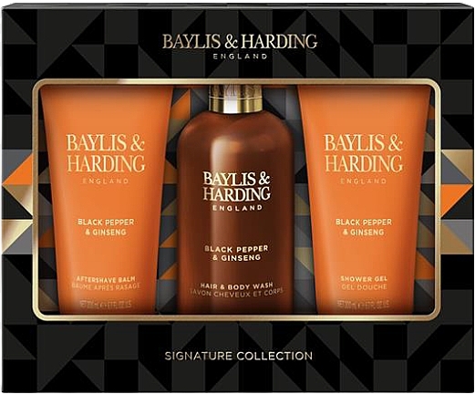 Набор - Baylis & Harding Black Pepper & Ginseng Luxury Bathing Trio Gift Set (hair/body/wash/300ml + ash/balm/200ml + sh/gel/200ml)  — фото N1