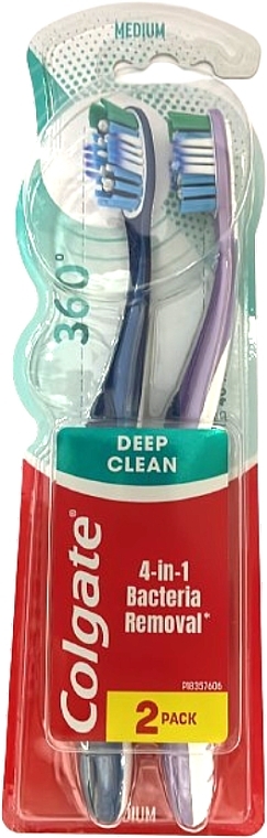 Зубна щітка "Суперчистота всієї ротової порожнини" з очищувачем для язика та щік багатофункціональна 1+1, фіолетова + синя - Colgate 360 — фото N1