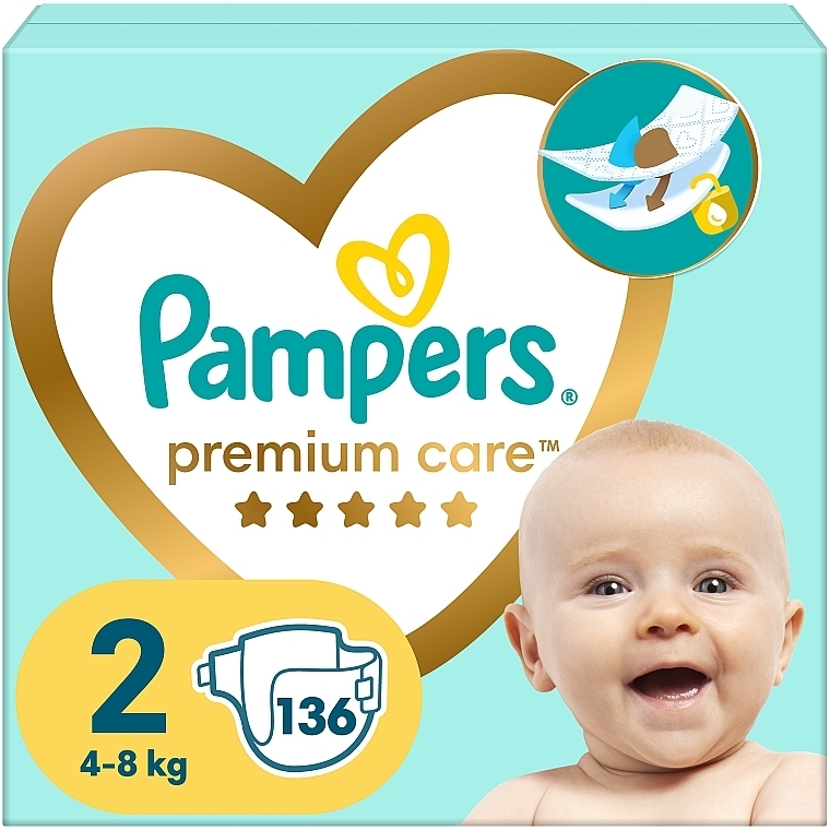 Подгузники Premium Care 2 (4-8 кг), 136 шт. - Pampers — фото N1