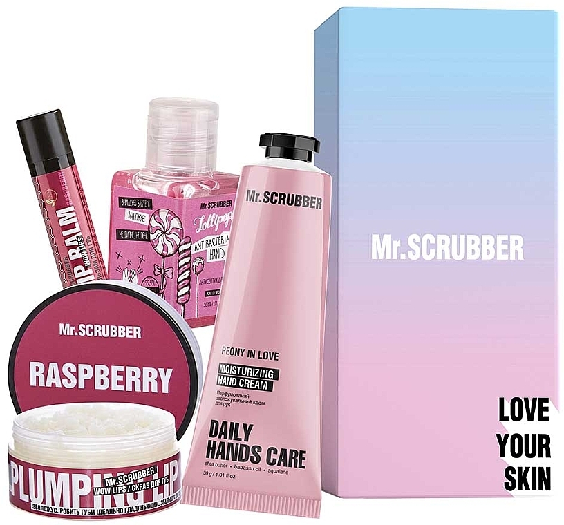 Набор - Mr.Scrubber Sweet Raspberry (lip/balm/5g + lip/scrub/50ml + h/cr/30ml + sanitizer/30ml) — фото N1