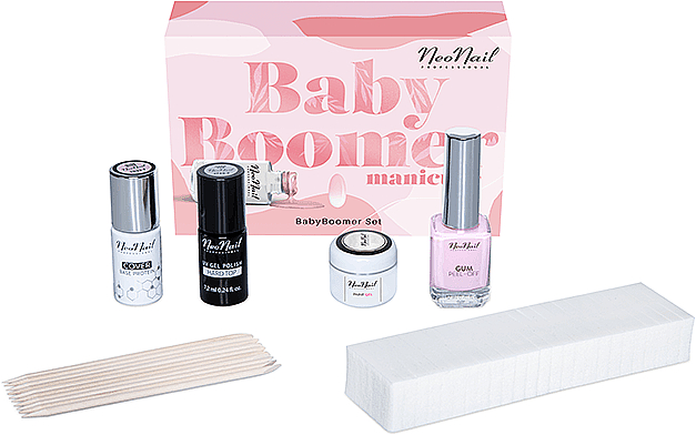 NeoNail Professional Baby Boomer Set (top/7,2ml + base/7,2ml + gel/5ml + gum/12ml + sponge/25pc + sticks/10pc) - Набір — фото N1