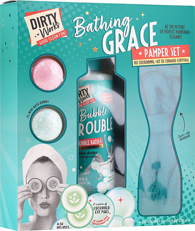 Набор - Dirty Works Bathing Grace Pamper Set (buth/bubble/250ml + eye/pads/2pcs + bath/bomb/2х25g + head/band/1pcs) — фото N1