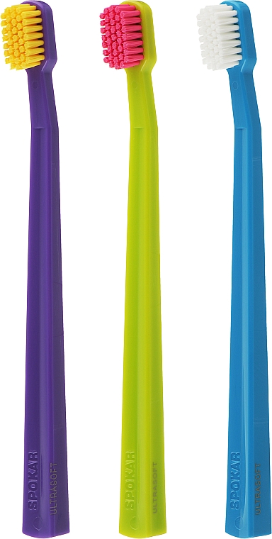 Набор зубних щіток "X", ультрам'які, фіолетово-жовта + салатово-рожева + синьо-біла - Spokar X — фото N2