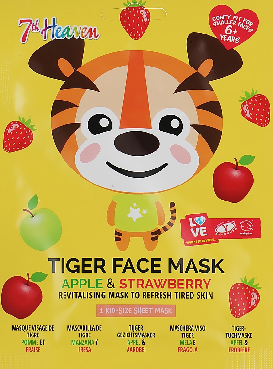 Тканинна маска для обличчя "Тигр" з екстрактом яблука та полуниці - 7th Heaven Face Food Tiger Face Mask Apple & Strawberry