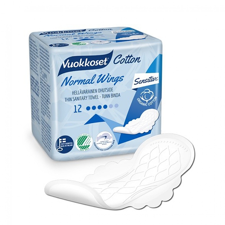 Гігієнічні прокладки, 12 шт. - Vuokkoset Cotton Normal Wings Sensitive — фото N1