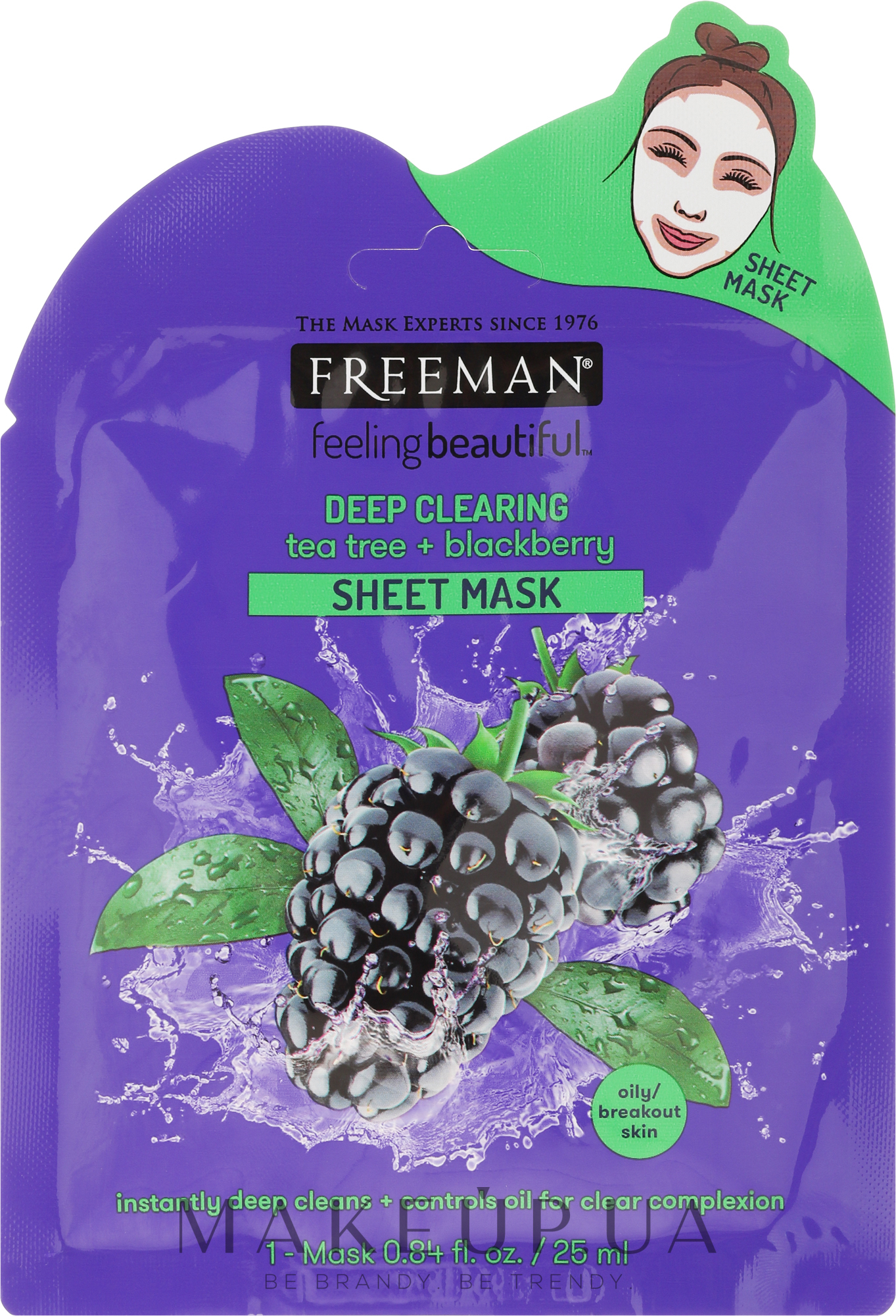 Тканинна маска для обличчя "Чайне дерево та ожина" - Freeman Deep Clearing Sheet Mask — фото 25ml