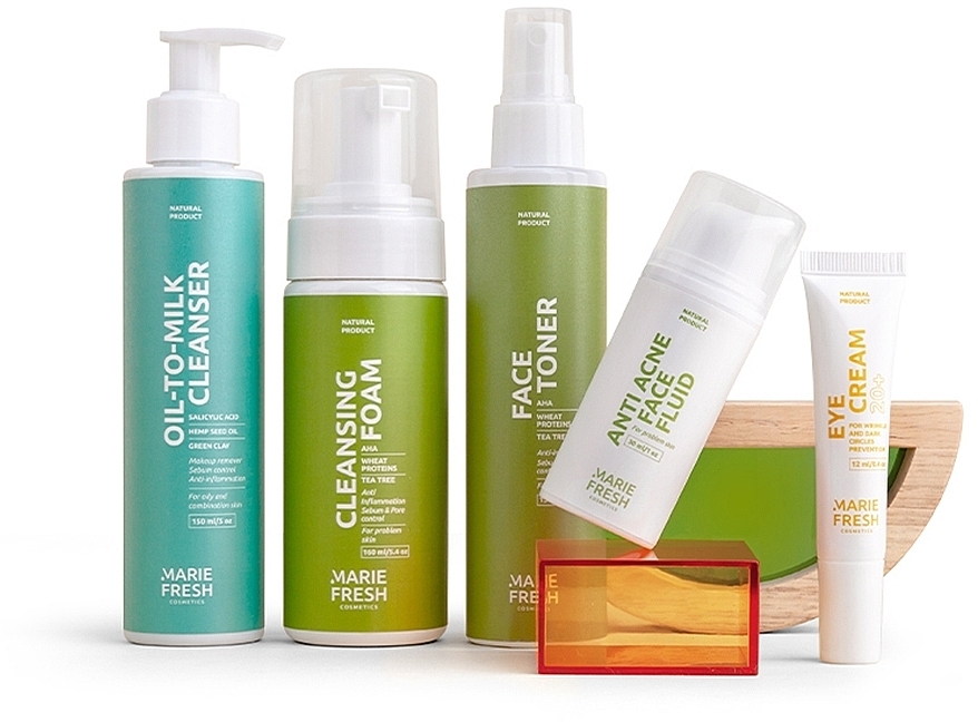 Набір "Комплексний догляд за молодою проблемною шкірою, з пінкою", 5 продуктів - Marie Fresh Cosmetics — фото N1