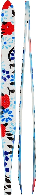 Профессиональный косметический прямой пинцет P-16, белый с красно-синими цветами - Beauty LUXURY — фото N1