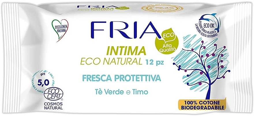 Серветки для інтимної гігієни "Зелений чай і чебрець", 12 шт. - Fria Intima Eco Natural Fresh Protective — фото N1