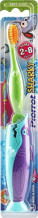 Детская зубная щетка "Акула", салатовая, бирюзово-фиолетовая - Pierrot Kids Sharky Soft — фото N2