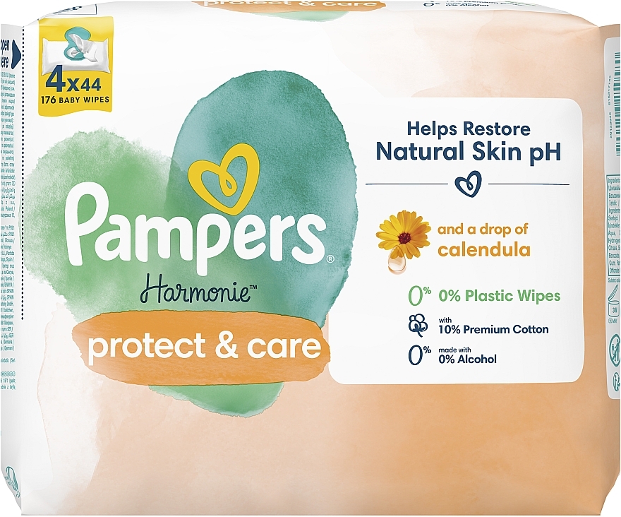 Детские влажные салфетки с календулой, 176 шт. - Pampers Harmonie Protect&Care Baby Wipes — фото N2