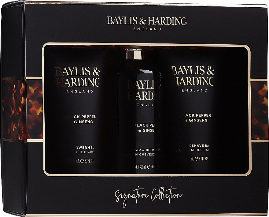 Набор - Baylis & Harding Signature Men's Black Pepper & Ginseng 3 Piece Set (hair/body/wash/300ml + a/sh/balm/200ml + shawer/gel/200ml) — фото N1