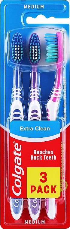 Зубная щетка, средняя, синяя + фиолетовая + розовая - Colgate Extra Clean Medium — фото N1