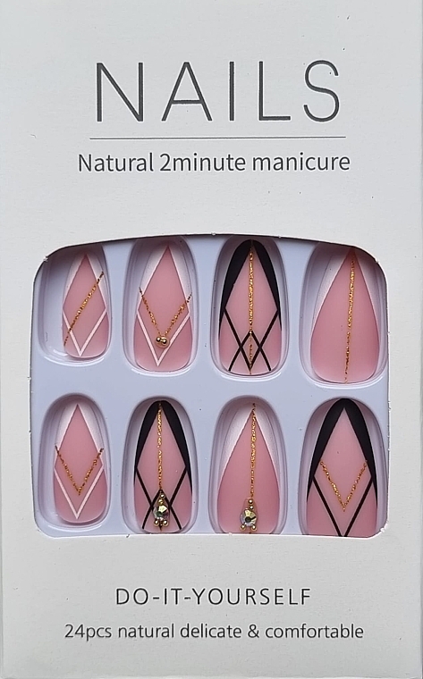 Накладні нігті чорно-білого кольору з золотими акцентами, 24 шт. - Deni Carte Nails Natural 2 Minutes Manicure — фото N1