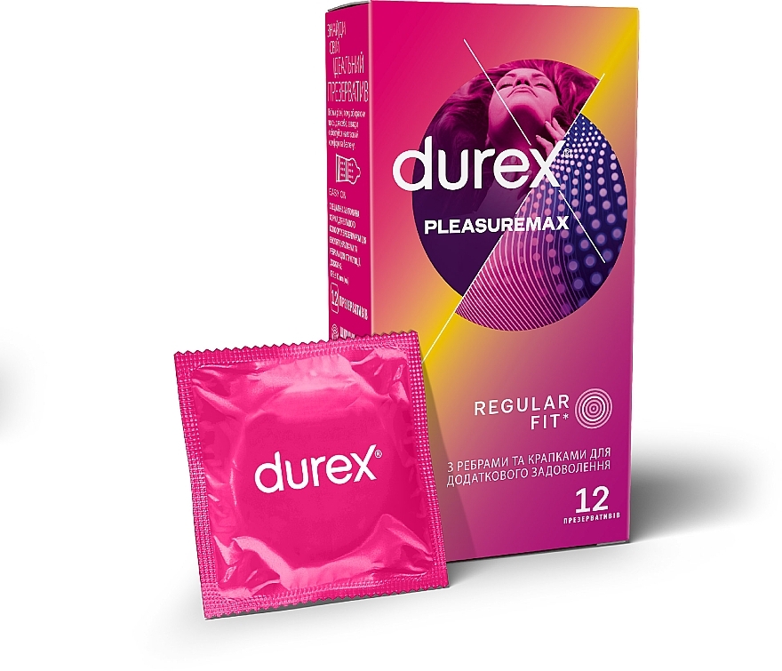 Презервативы латексные с силиконовой смазкой с ребрами и точками, 12 шт - Durex Pleasuremax — фото N1
