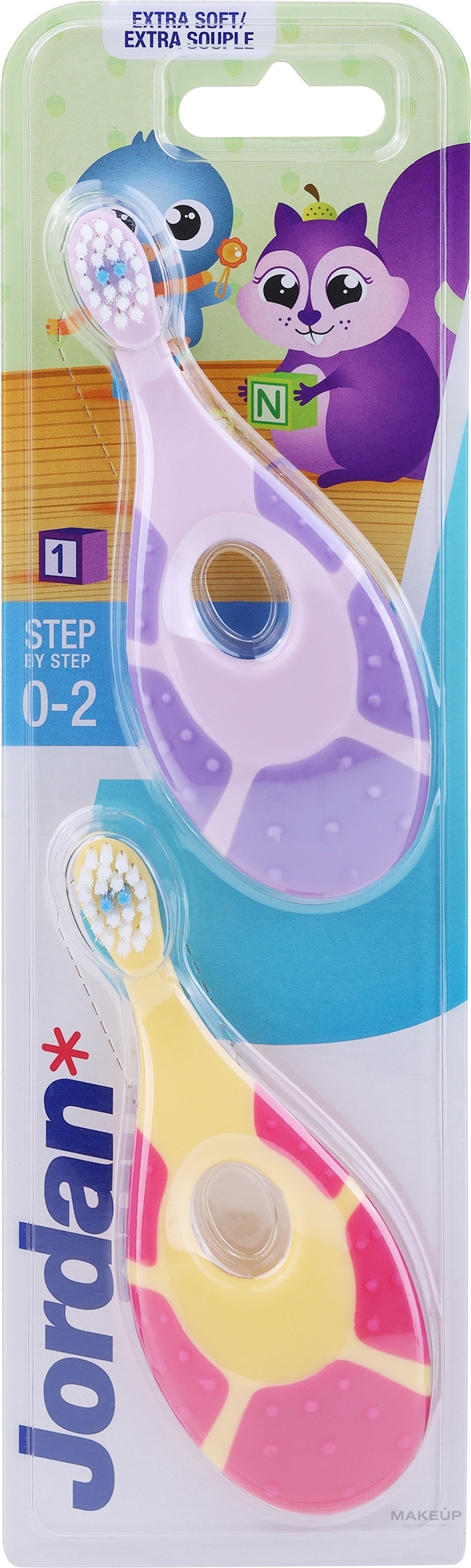 Дитяча зубна щітка, 0-2 роки, бузкова + жовто-рожева - Jordan Step By Step Soft & Gentle — фото 2шт