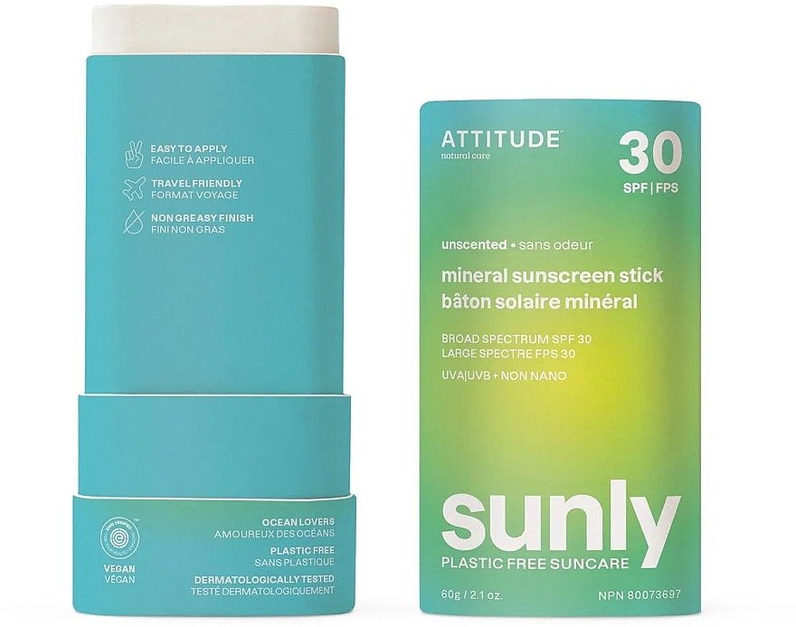 Сонцезахисний стік - Attitude Sunly Sunscreen Stick Unscented SPF30 — фото N1