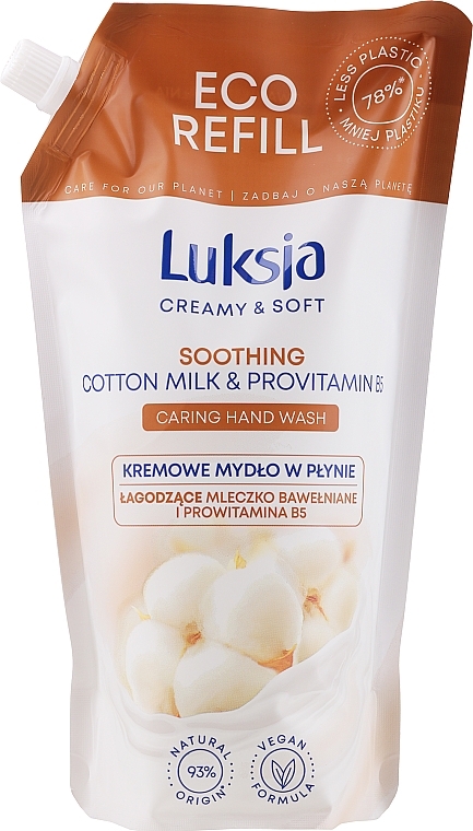 Жидкое крем-мыло с ухаживающим комплексом - Luksja Creamy & Soft Cotton milk & Provitamin B5 Hand Wash (дой-пак) — фото N2