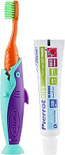 Набор детский "Акула", оранжевый + фиолетовый + бирюзовый + чехол синий - Pierrot Kids Sharky Dental Kit (tbrsh/1шт. + tgel/25ml + press/1шт.) — фото N2