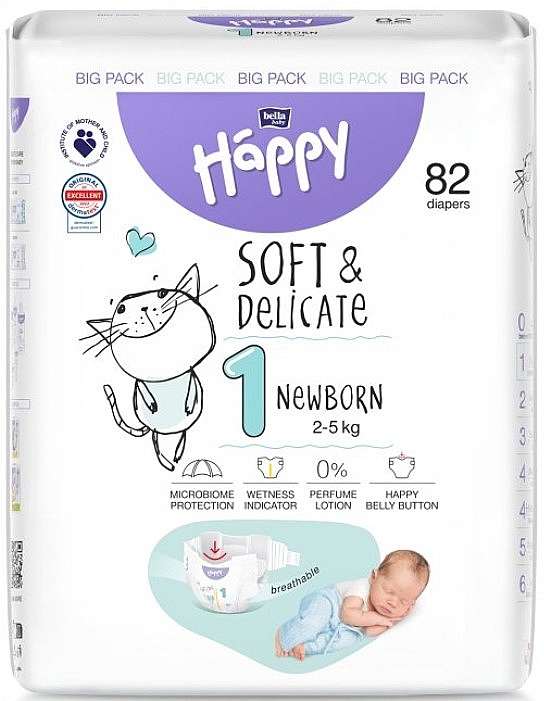 Дитячі підгузки 2-5 кг, розмір 1 Newborn, 82 шт. - Bella Baby Happy Soft & Delicate — фото N1