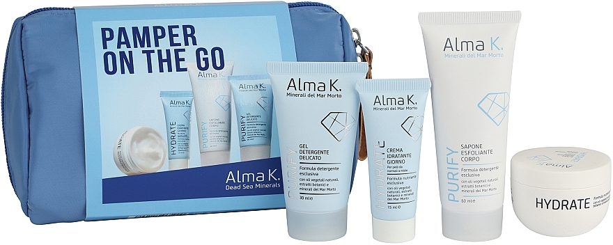 Набор - Alma K. Pamper On the Go Travel Set (cleans/gel/30 ml + body/butter/50 ml + f/cr/15 ml + sh/gel/60 ml)  — фото N1